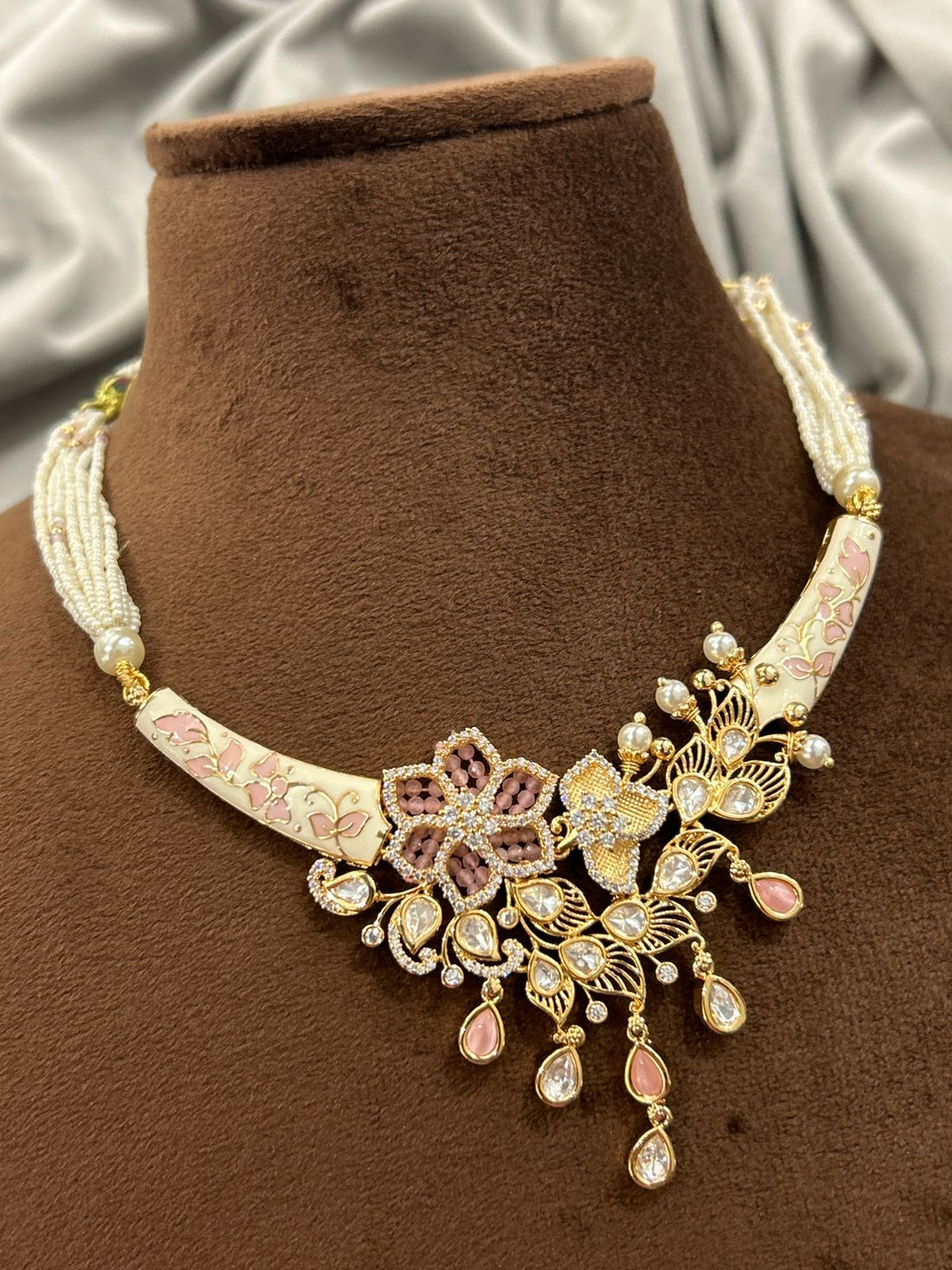 Pastel Pink Floral Kundan Necklace Set