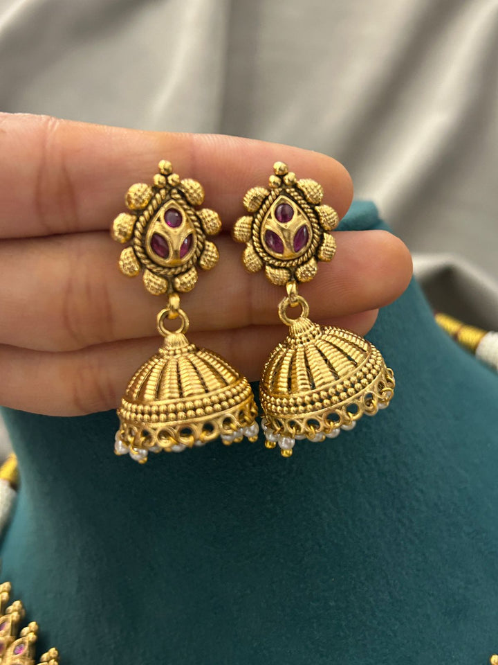 Gold Temple Choker Necklace Set – Ruby & Emerald Beaded Design with Jhumka Earrings