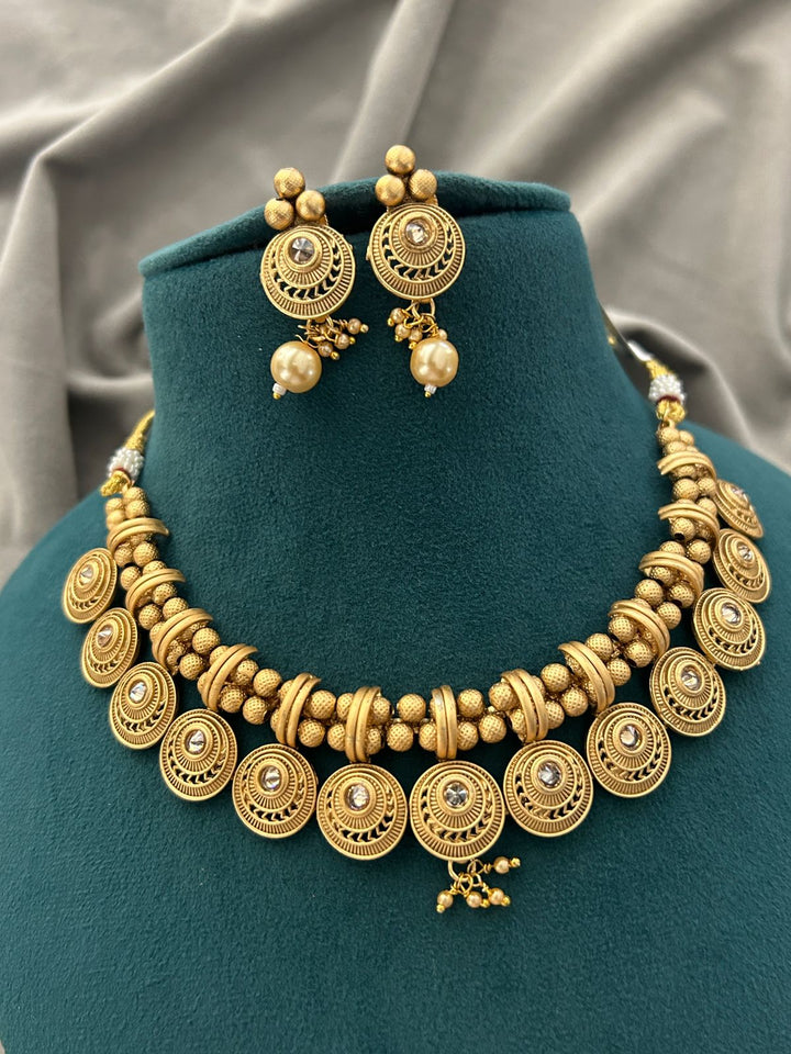 Antique Matte Gold Beaded Necklace Set with Round Motifs and Pearl Drops