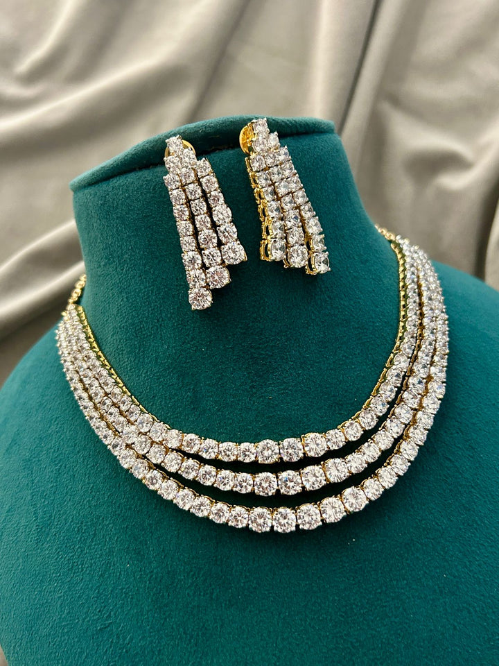 Golden Triple Layer Diamond Look Necklace Set
