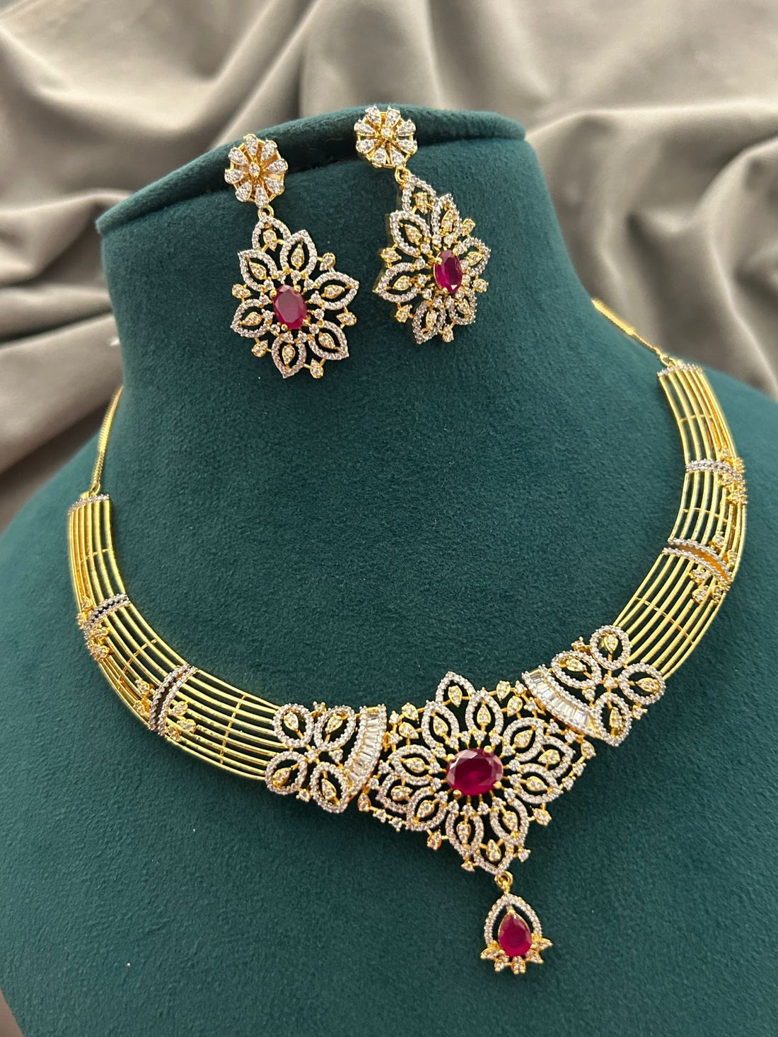 Ruby Floral Diamond Look Choker Necklace Set