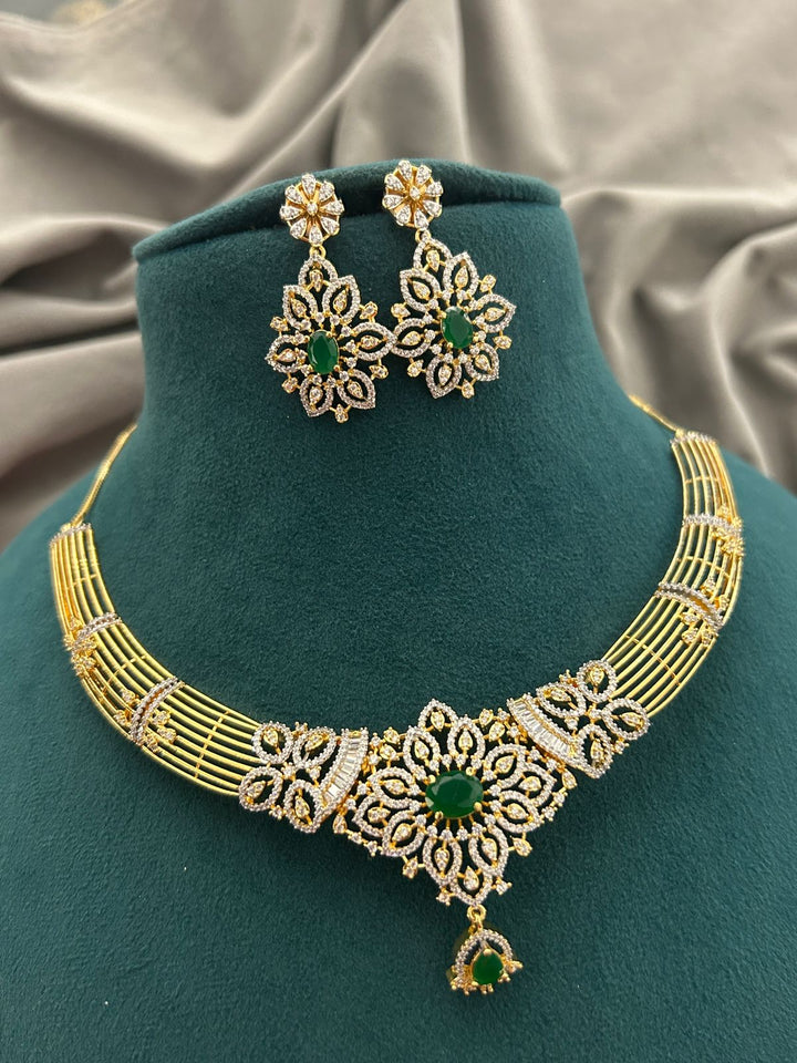 Emerald Floral Diamond Look Choker Necklace Set