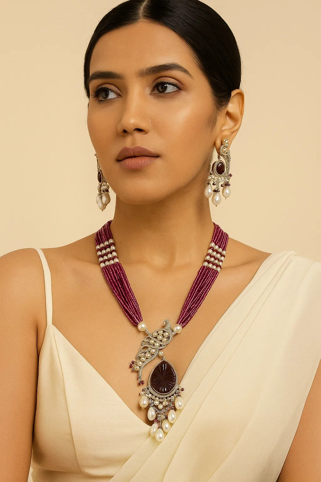 Maroon Peacock Pearl Necklace Set