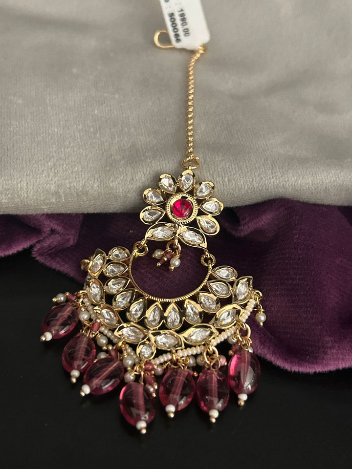 Ruby Kundan Crescent Maang Tikka with Beaded Drops