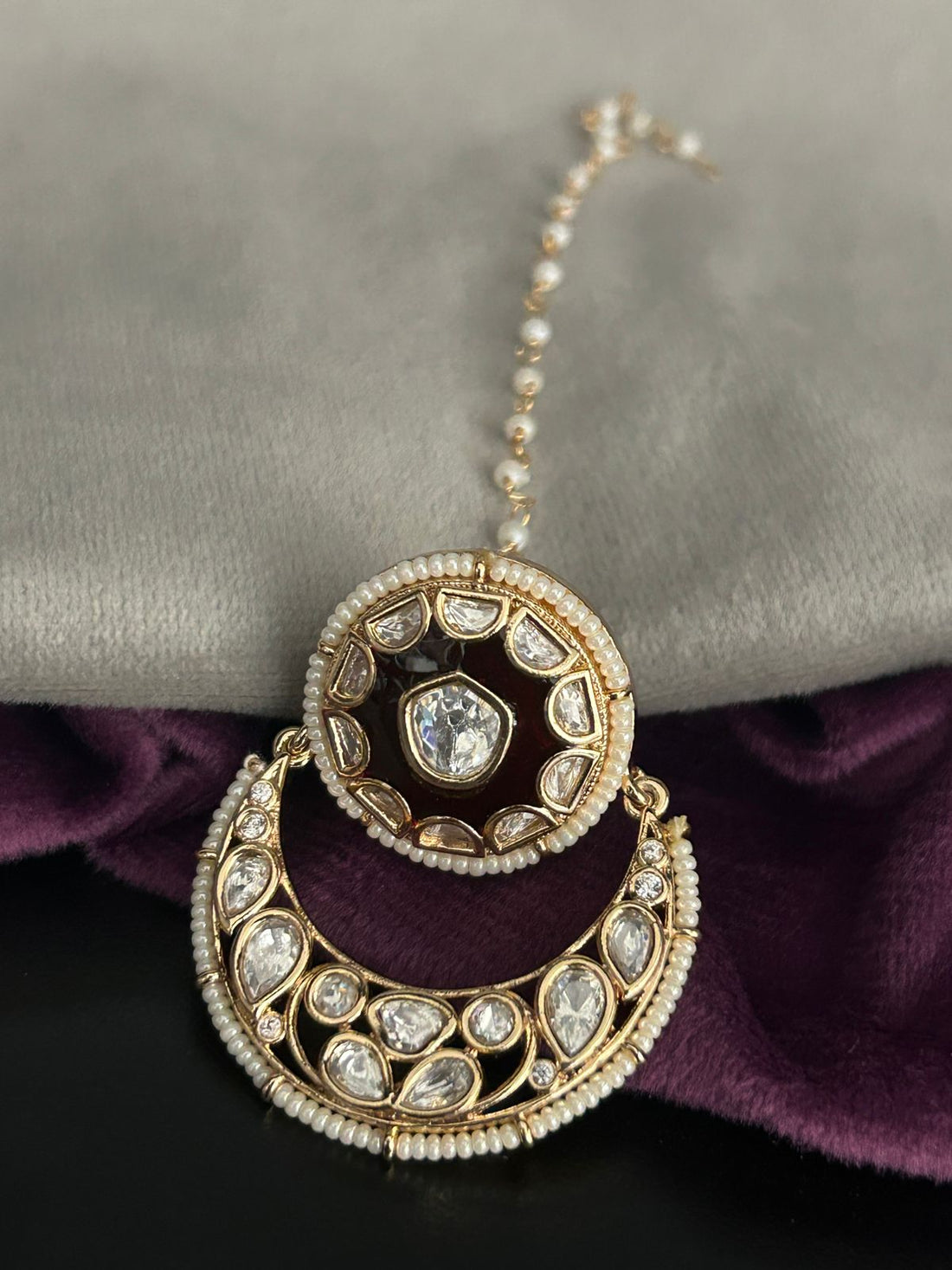 Royal Maroon Crescent Kundan Maang Tikka