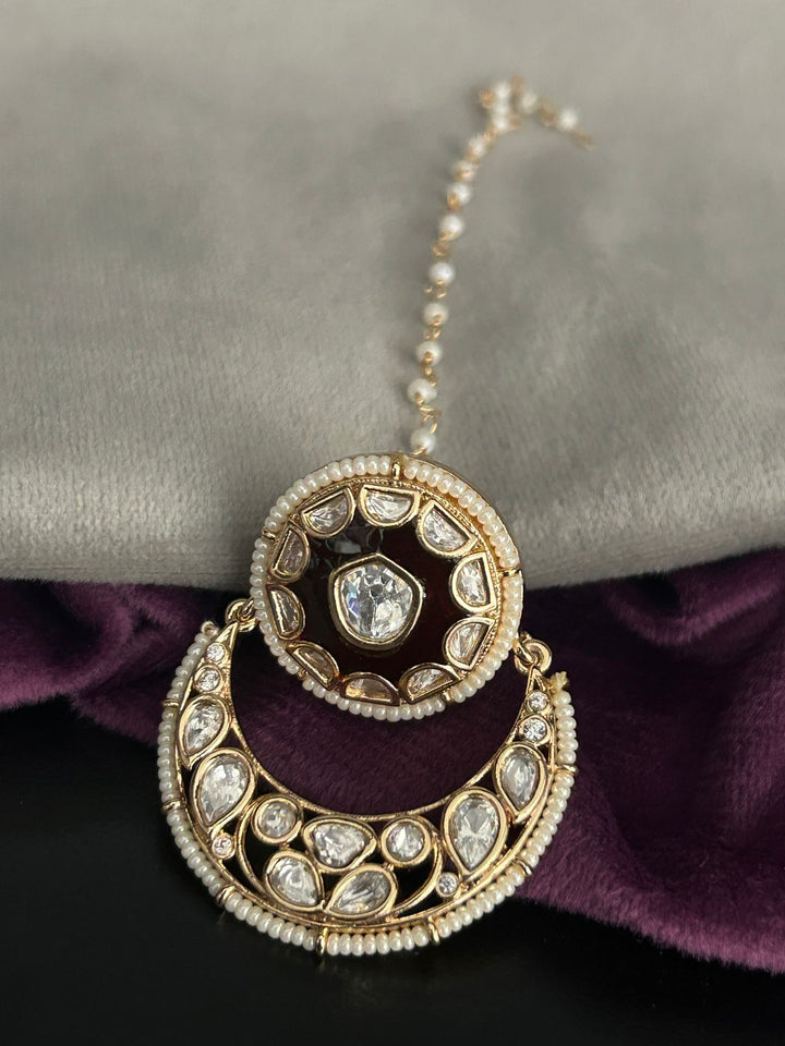Royal Maroon Crescent Kundan Maang Tikka