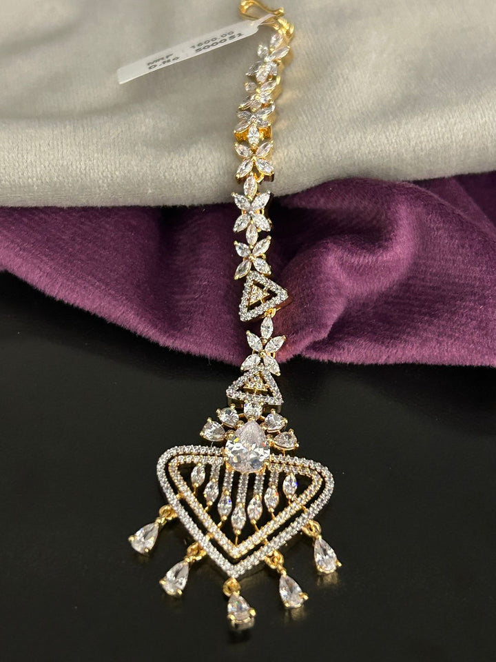 Diamond Look Maang Tikka with Golden Finish & Triangle Drop Design