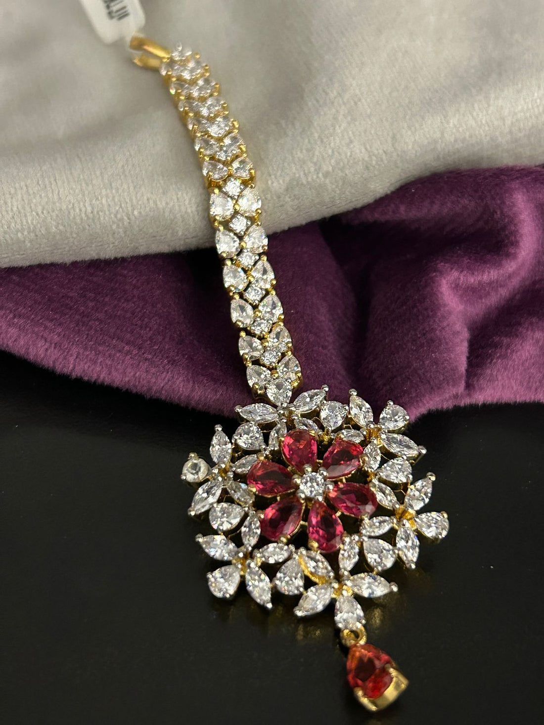 Ruby Diamond Look Floral Maang Tikka with Golden Finish