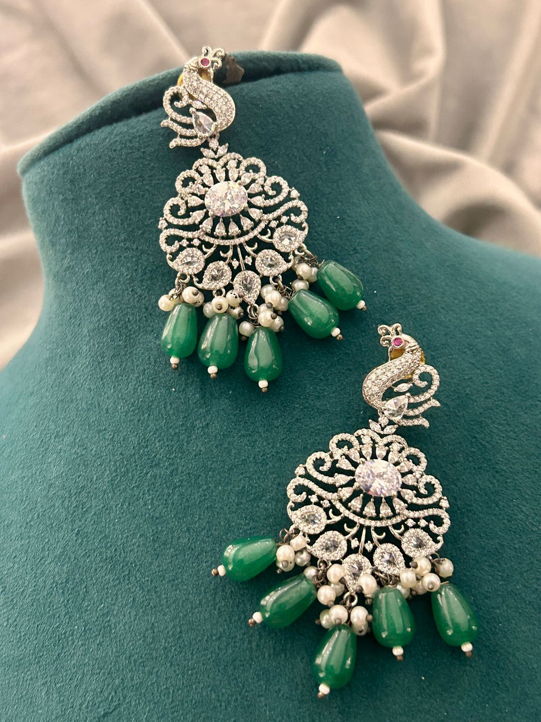 Green Beads & Diamond Look Peacock Necklace Set – Bridal Party Wear Jewellery