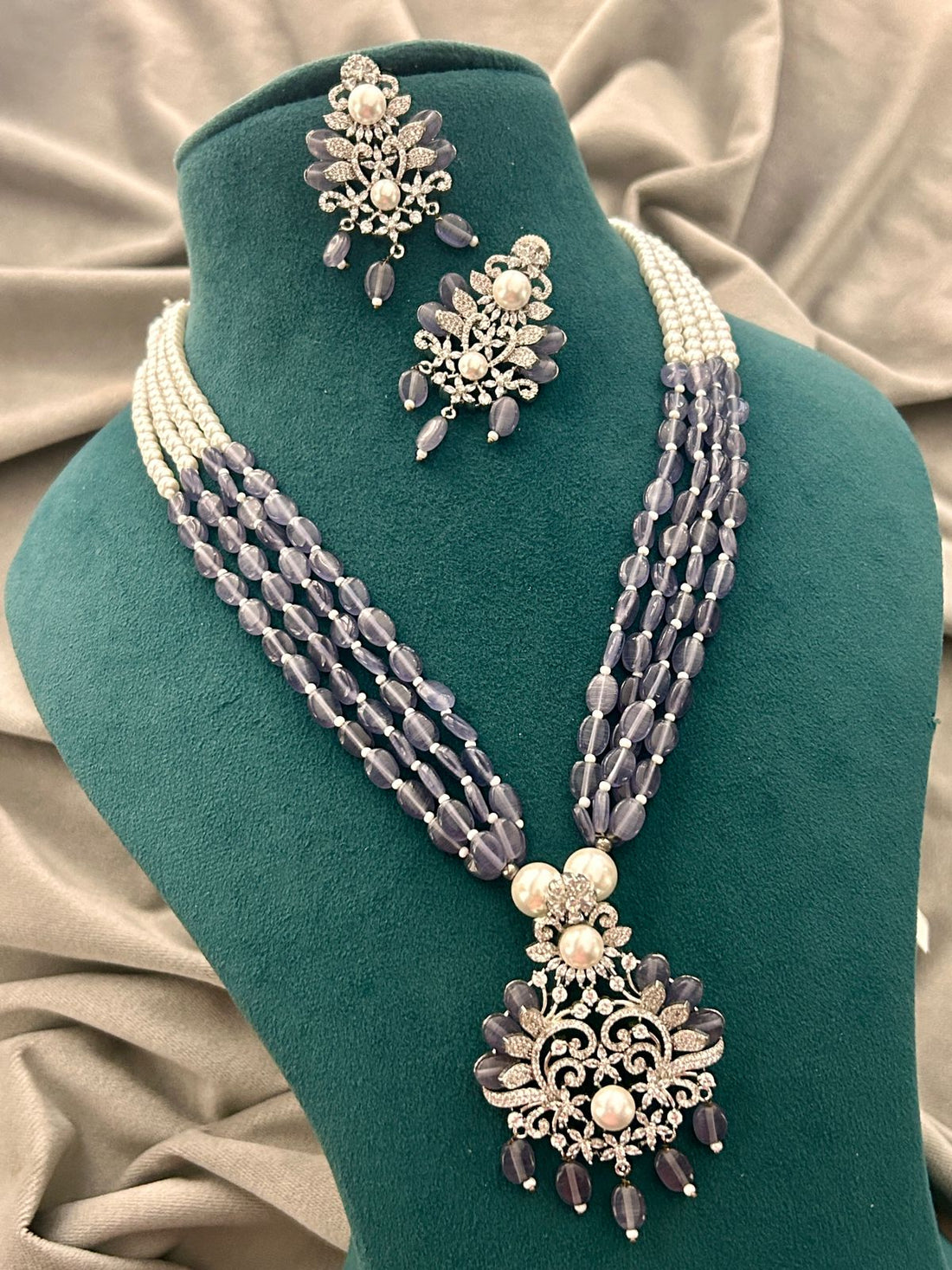 Pearl & Grey Beads Diamond Look Necklace Set – Bridal Party Wear Jewellery