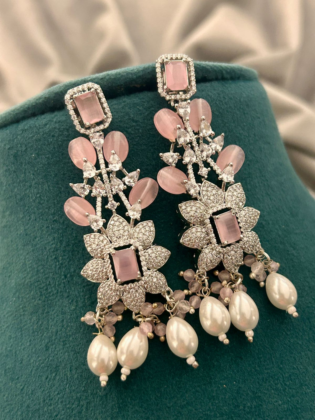 Pink Beads & Diamond Look Necklace Set with Pearls – Bridal Party Wear Jewellery