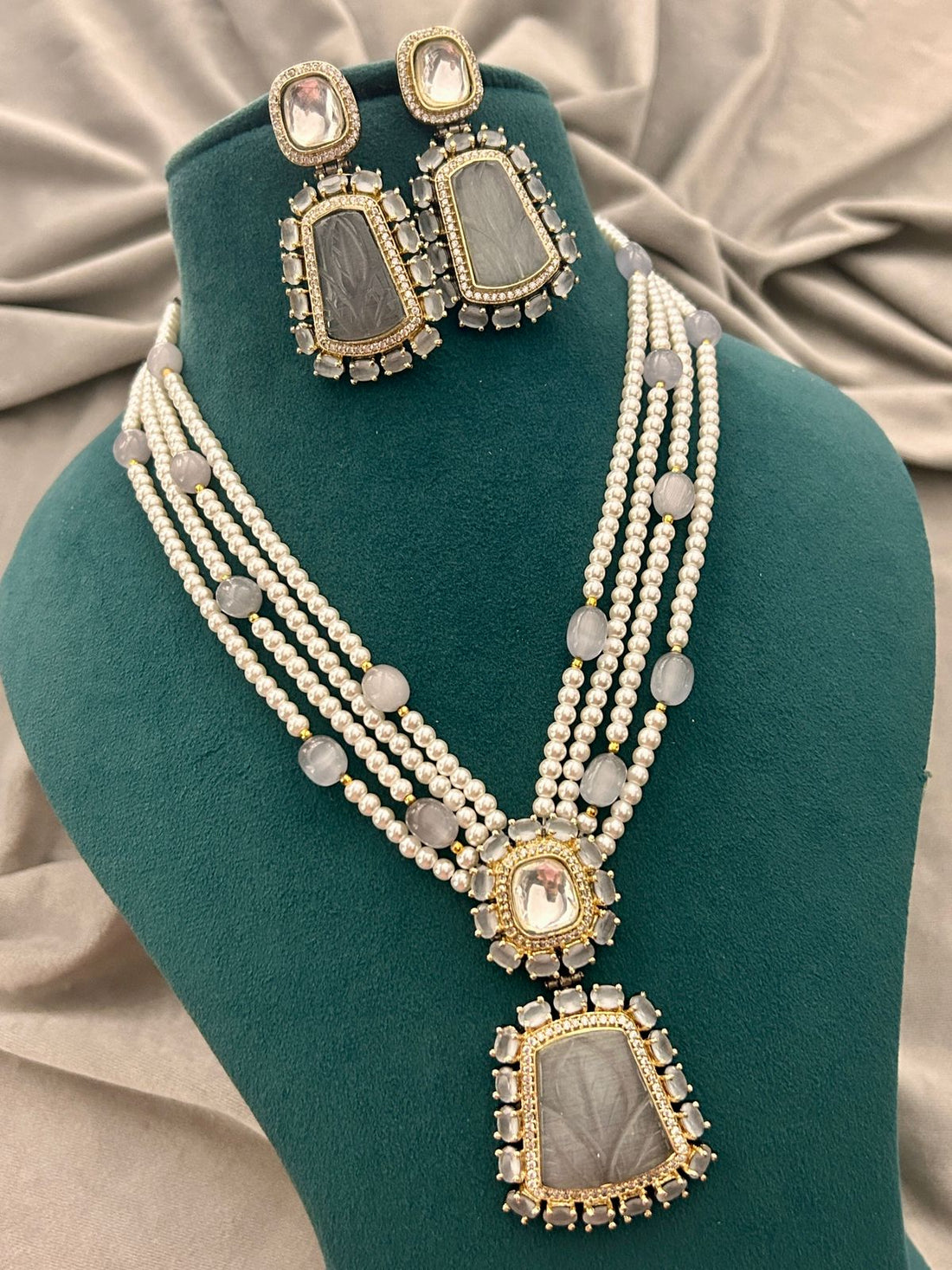 Pearl & Grey Stone Necklace Set – Elegant Bridal Party Wear Jewellery