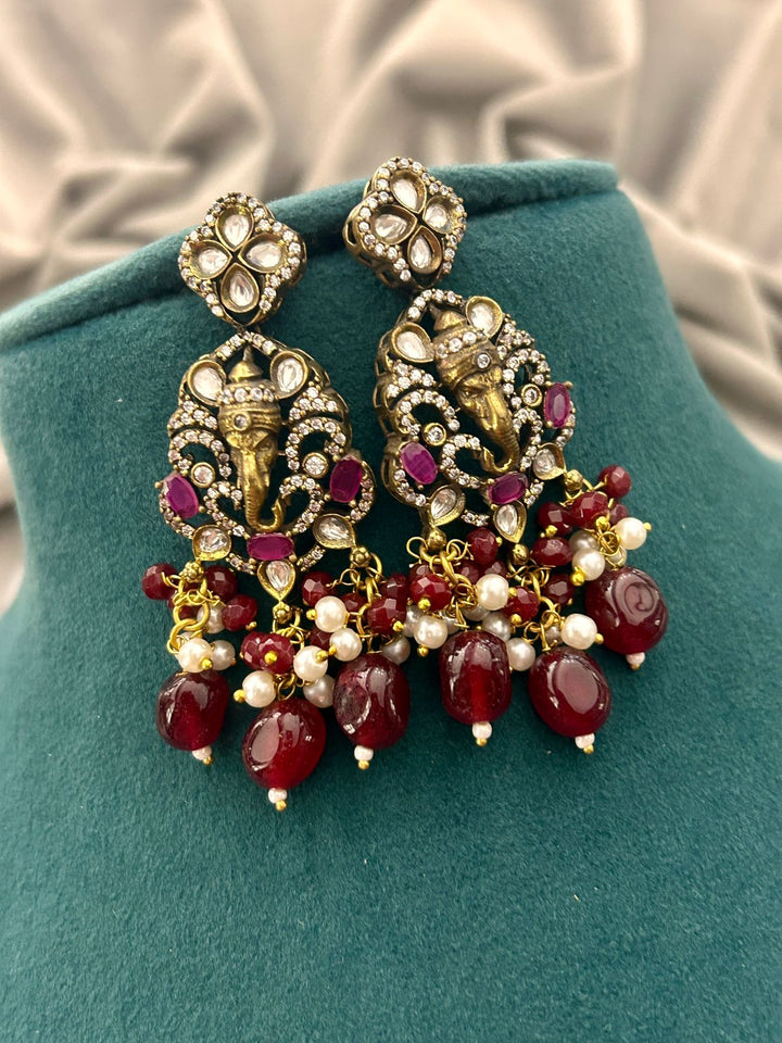 Ruby Beads Heritage Necklace Set with Temple Design – Traditional Bridal Jewellery