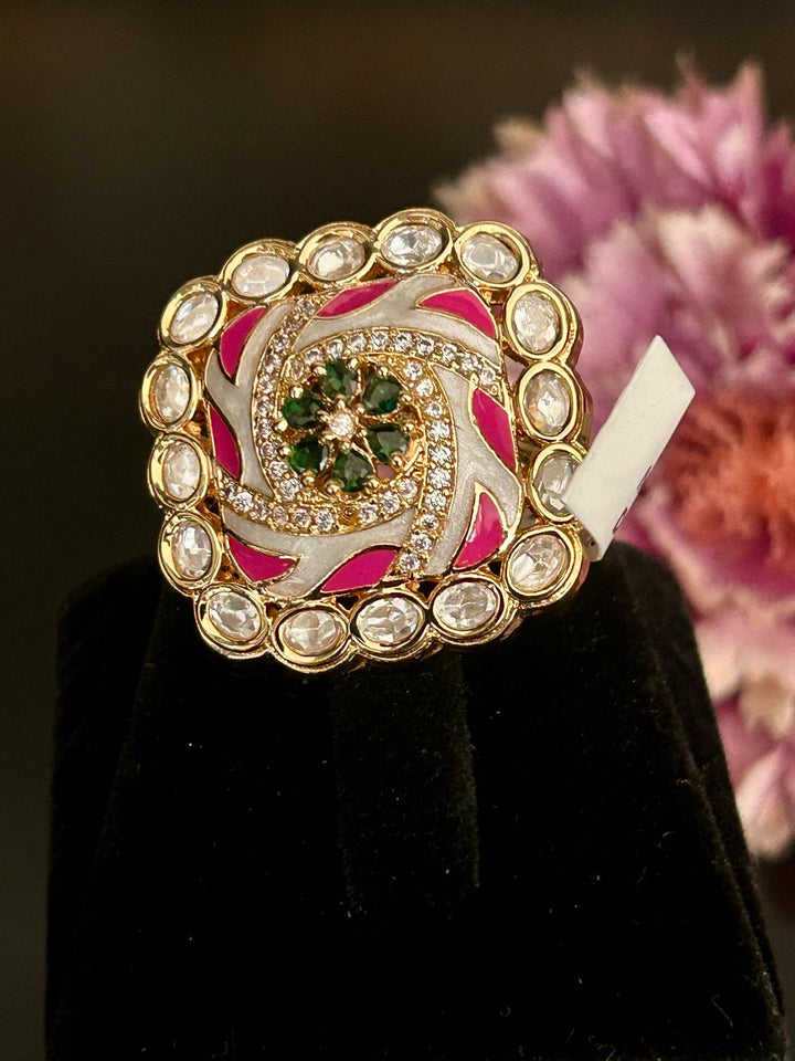 Elegant Pink & Green Kundan Floral Ring – Adjustable Party & Bridal Jewellery