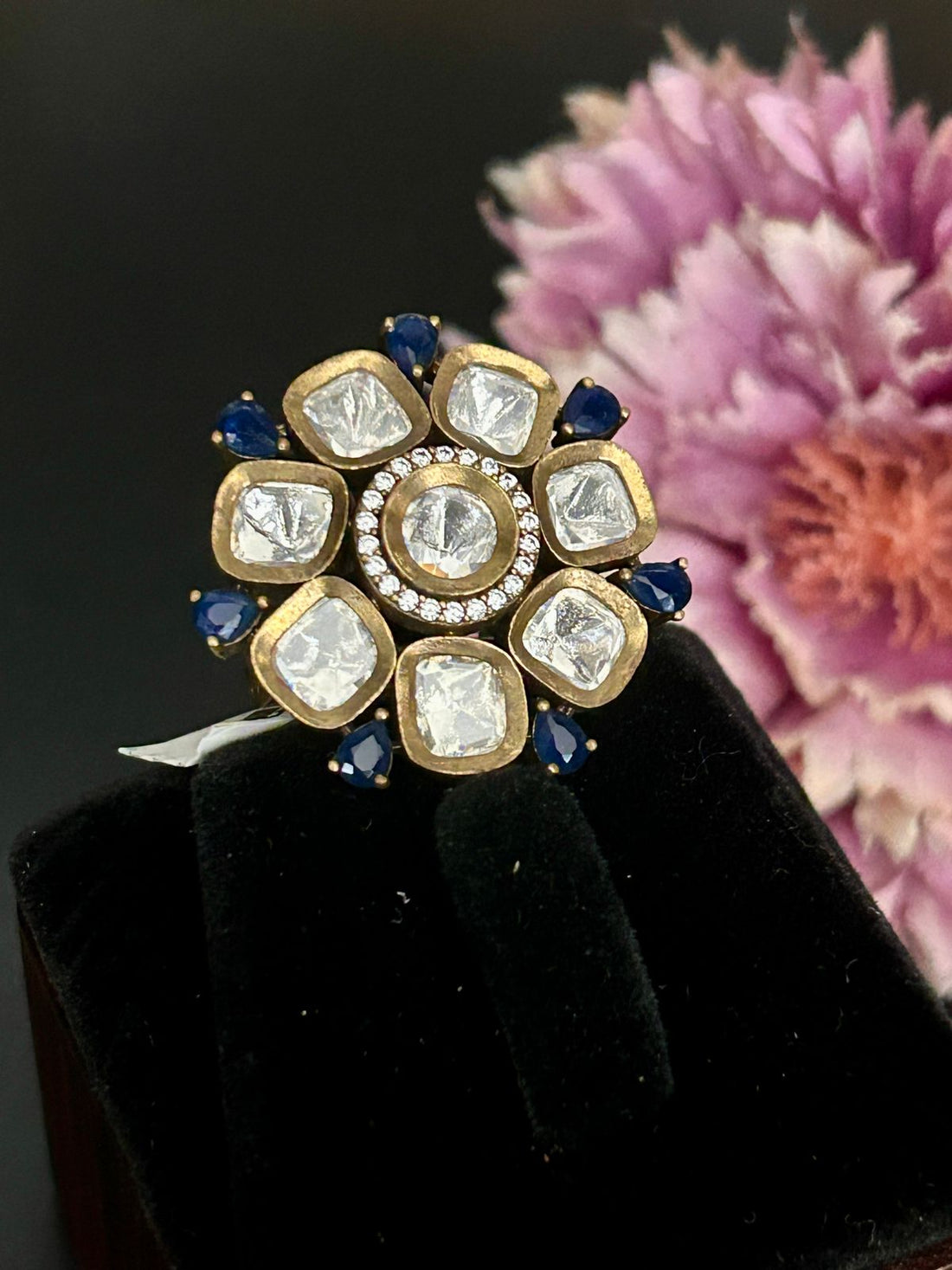 Blue Sapphire & White Kundan Floral Adjustable Ring – Traditional Cocktail Ring