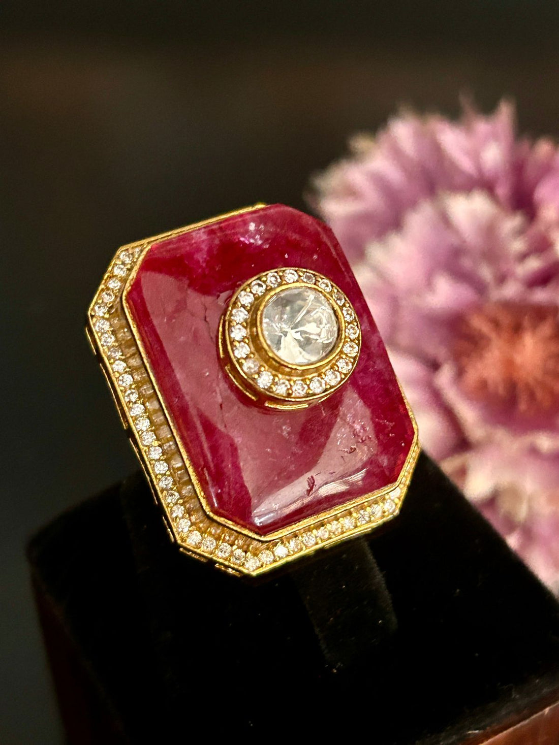 Luxury Ruby Kundan Statement Ring – Octagon Big Stone Adjustable