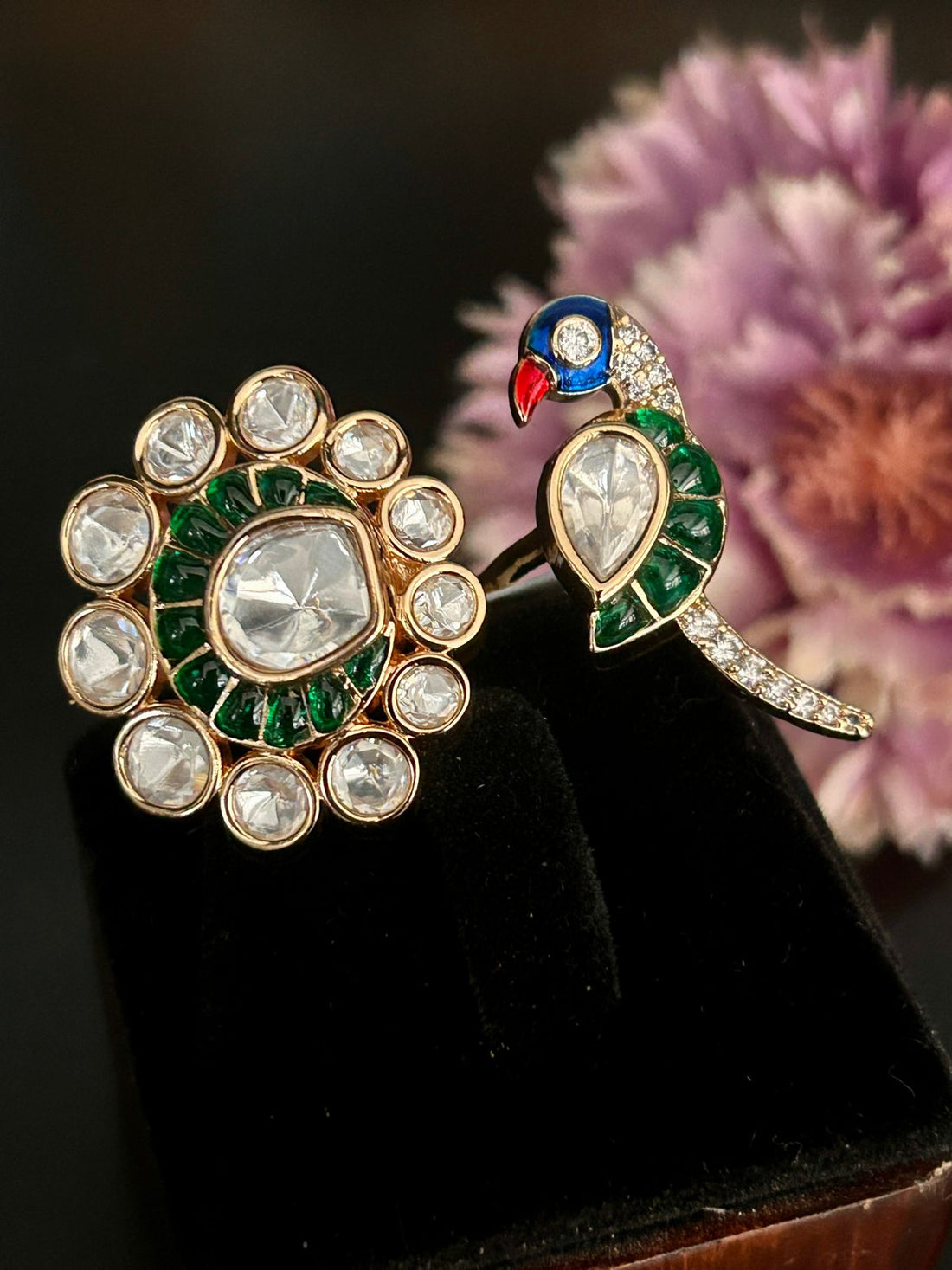 Dual Design Kundan Peacock  Ring – Adjustable Statement Ring