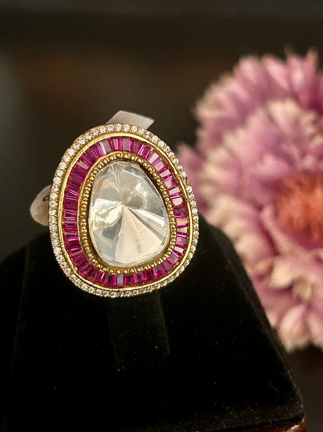 Teardrop Kundan Ring with Ruby Red Border – Adjustable Statement Ring