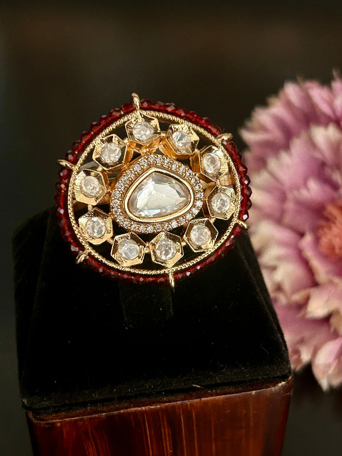 Round Kundan Ring with Red Bead Border – Adjustable Designer Ring