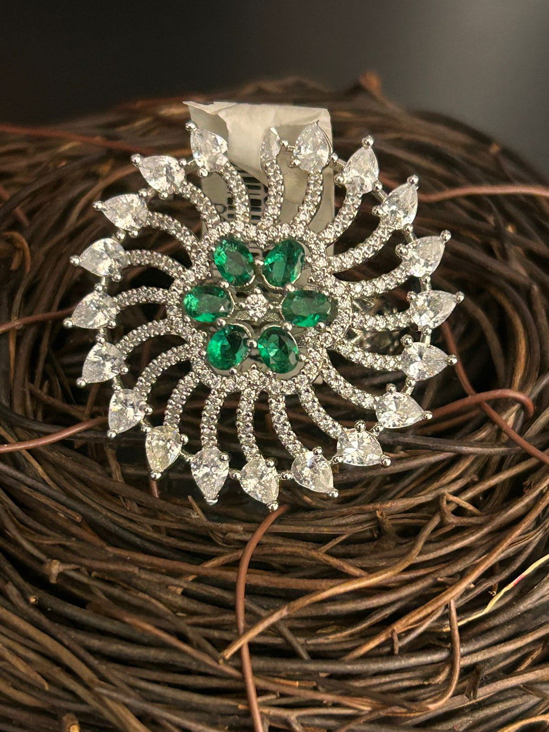 Floral Emerald & CZ Diamond Cocktail Ring – Adjustable Designer Ring