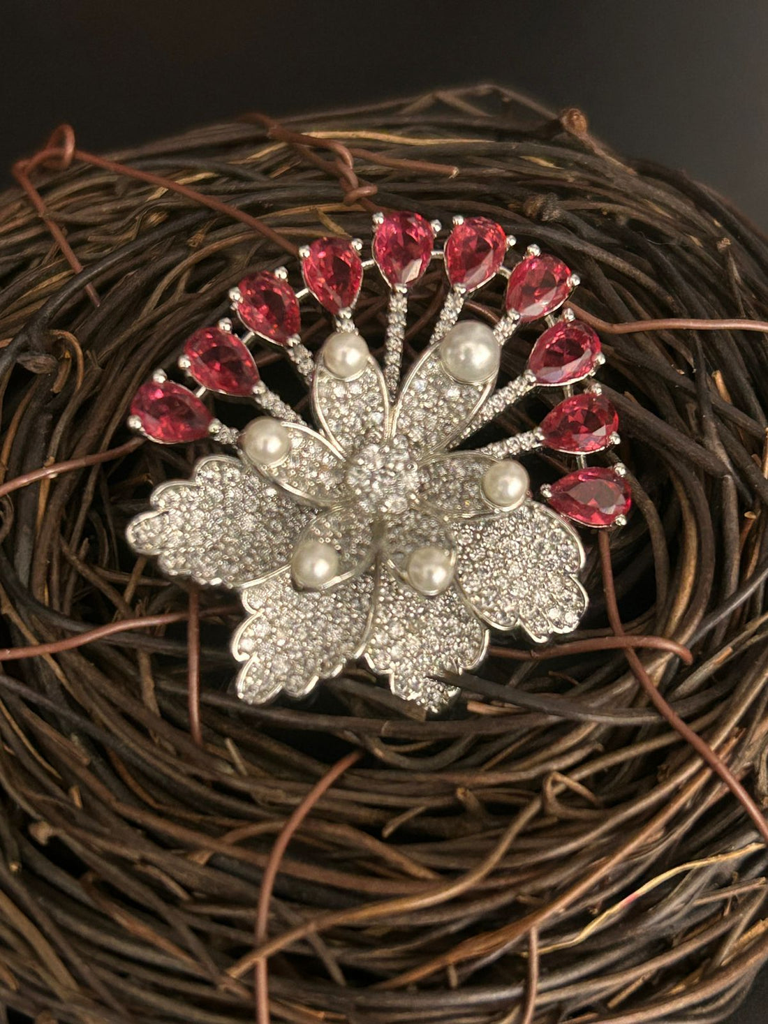 Ruby & Pearl Floral Statement Ring – Designer Adjustable Ring