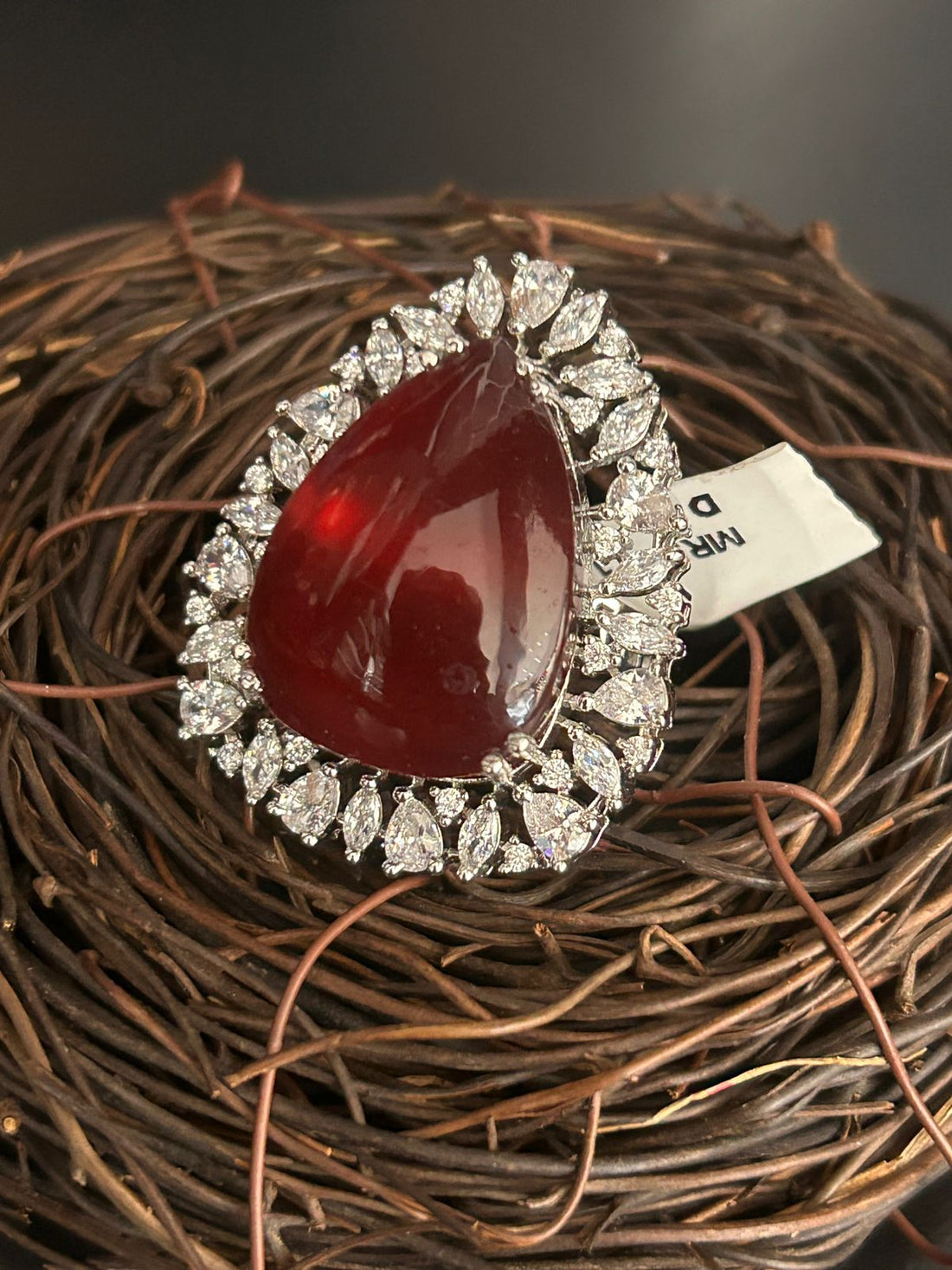 Red Teardrop Stone Statement Ring – Designer Party Wear Jewellery