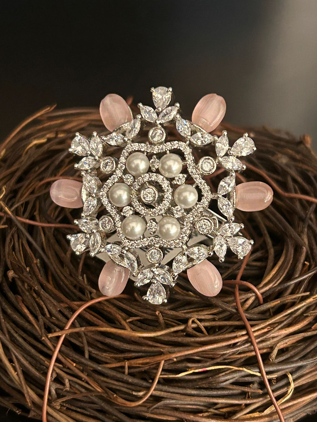 Pearl & Pink Stone Floral Statement Ring – Designer Party Wear Jewellery