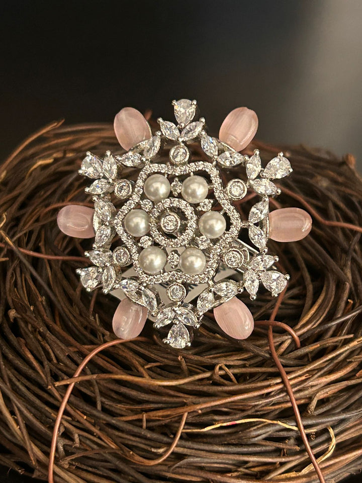 Pearl & Pink Stone Floral Statement Ring – Designer Party Wear Jewellery