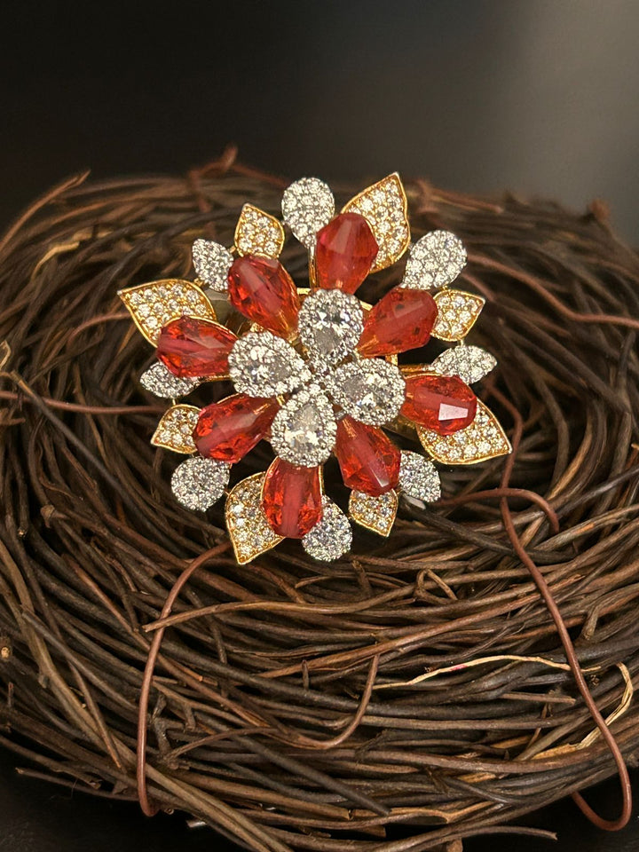 Red Stone Diamond Floral Cocktail Ring – Luxury Party Wear Statement Ring