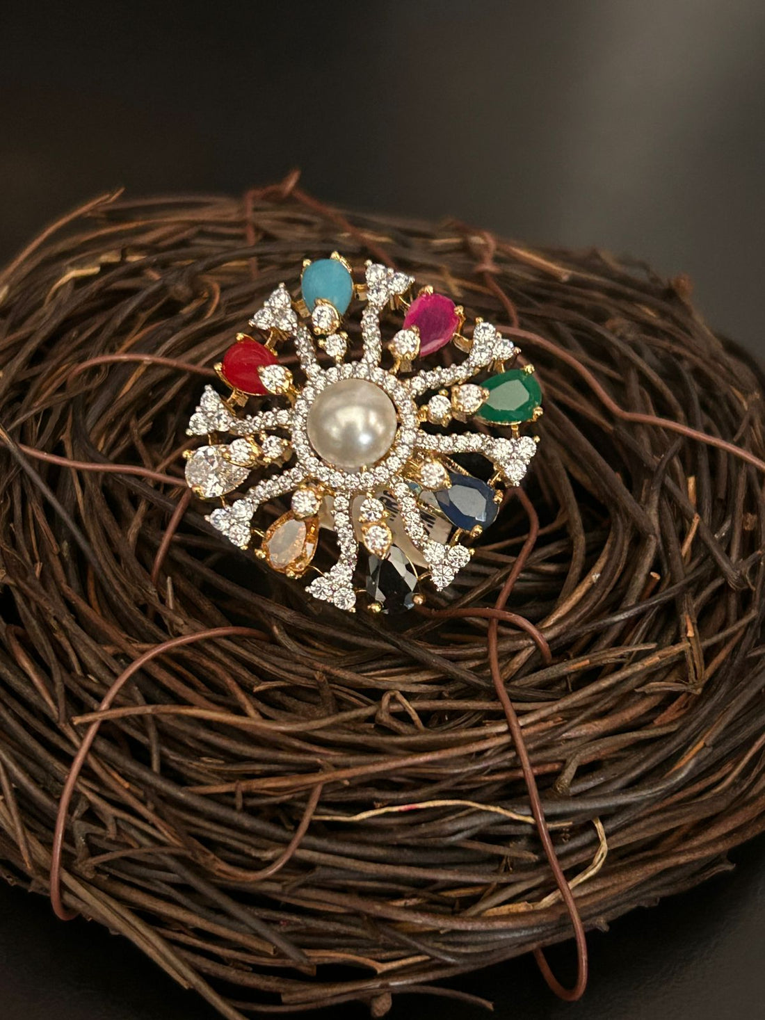 Navratna Pearl Diamond Ring – Multicolor Gemstone Statement Ring