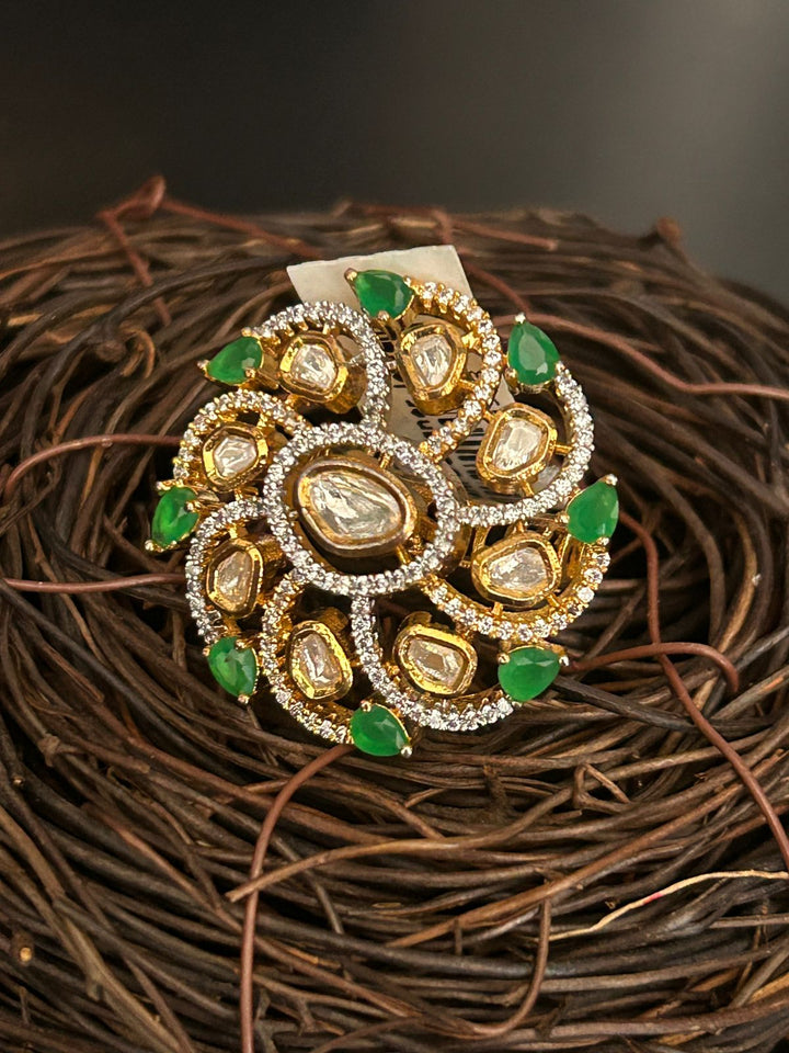 Green Kundan Diamond Statement Ring – Traditional Cocktail Ring