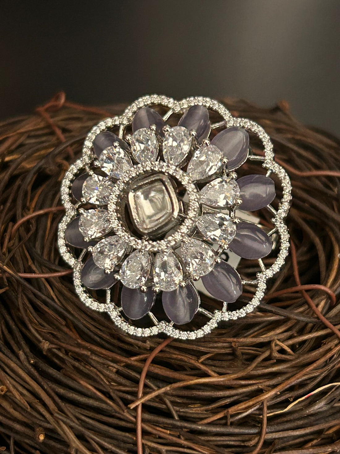 Lavender Diamond Petal Cocktail Ring – Elegant Statement Jewellery