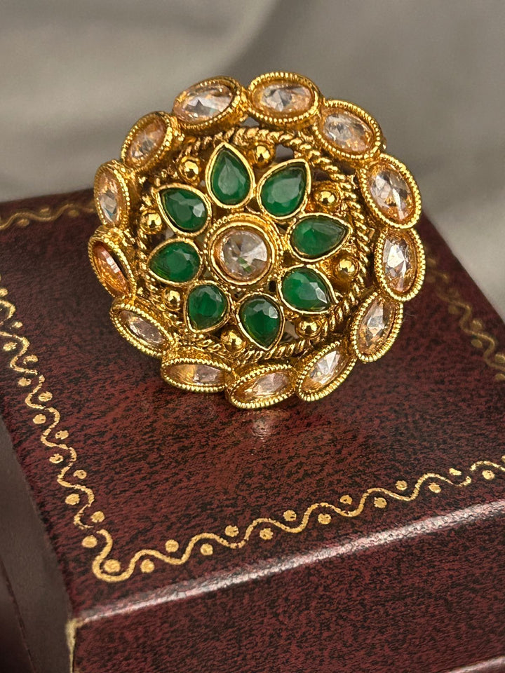 Adjustable Green Stone Kundan Ring – Traditional Cocktail Jewellery