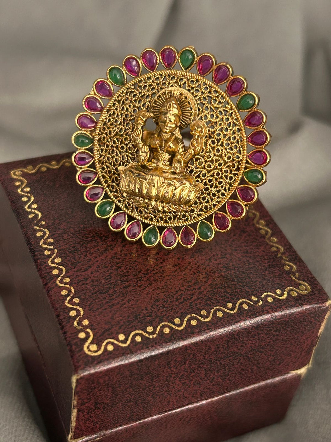 Temple Lakshmi Adjustable Ring – Antique Gold with Ruby Stone Border