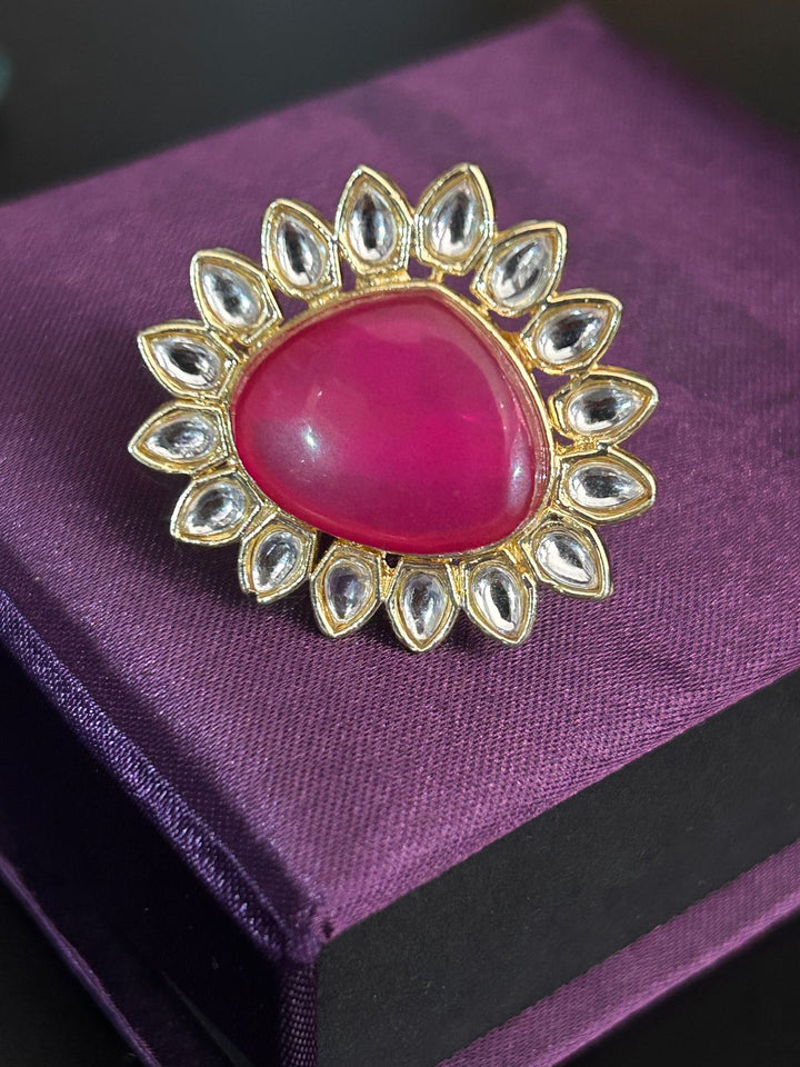 Pink Stone Kundan Adjustable Ring – Gold Finish