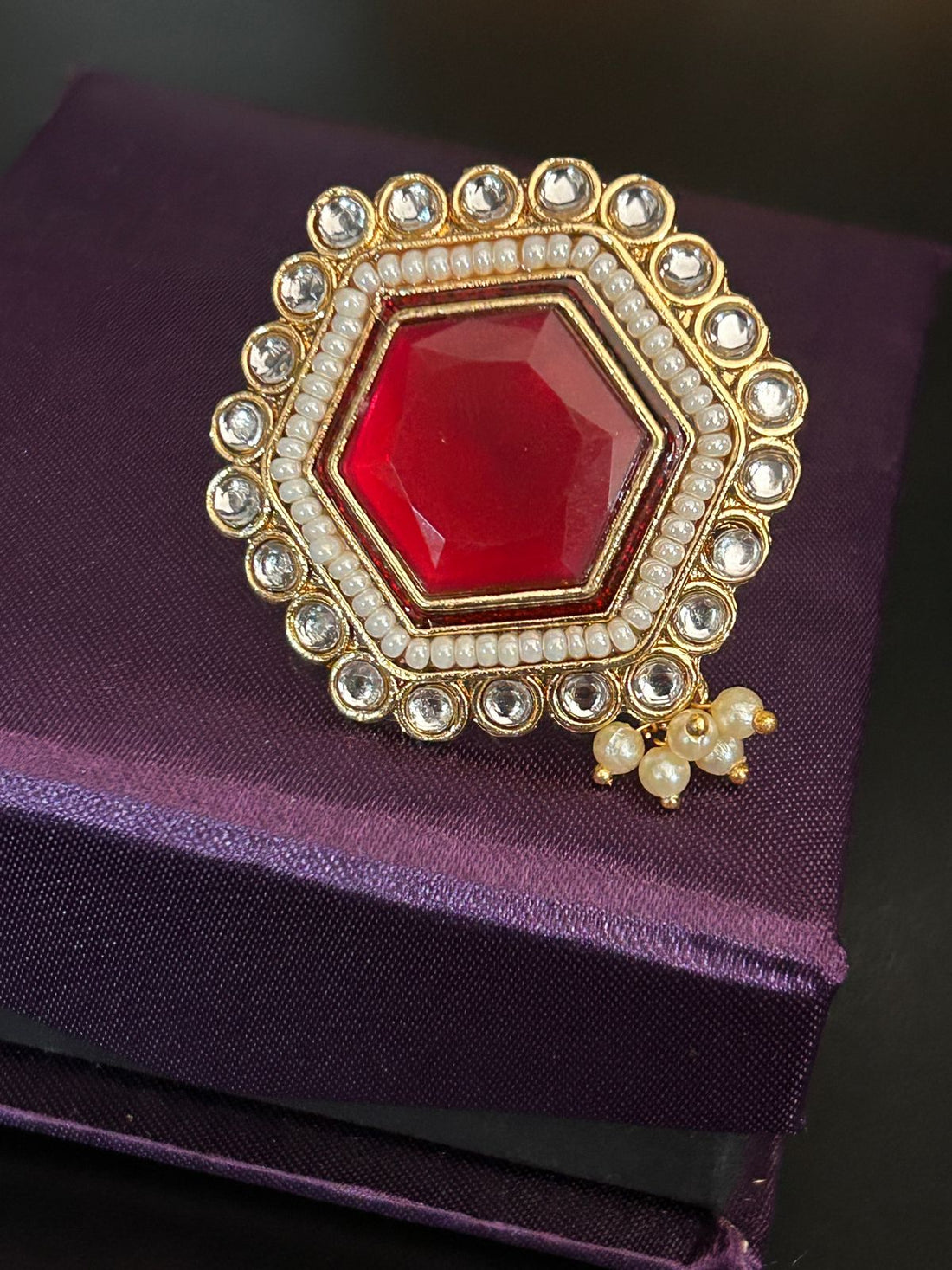 Red Hexagon Kundan Adjustable Ring – Pearl & Stone Studded Statement Jewellery