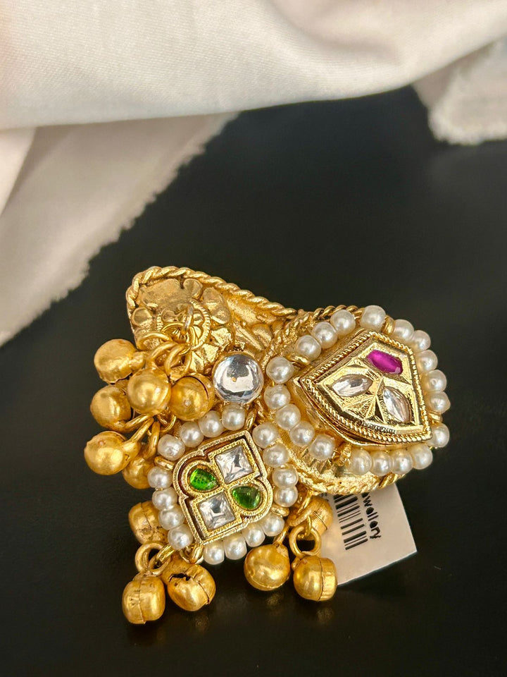 Royal Kundan Adjustable Ring with Pearls & Ghungroo Drops