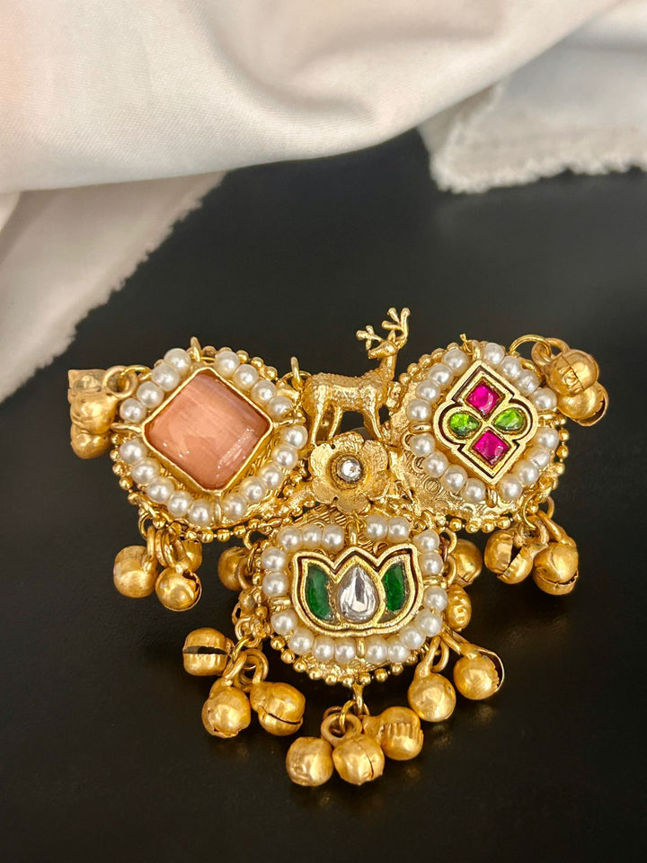 Deer Motif Kundan Adjustable Ring with Pearls & Ghungroo