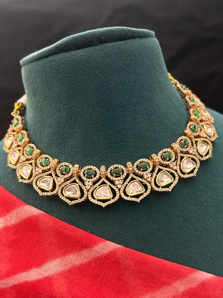 Emerald Green Kundan Choker Necklace Set with Earrings – Gold Finish