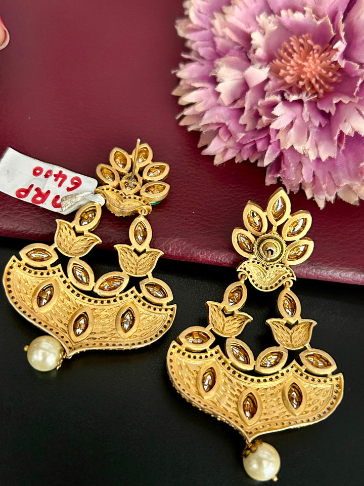 Golden Lotus Kundan Earrings with Pearl Drop – Traditional Designer Jewellery
