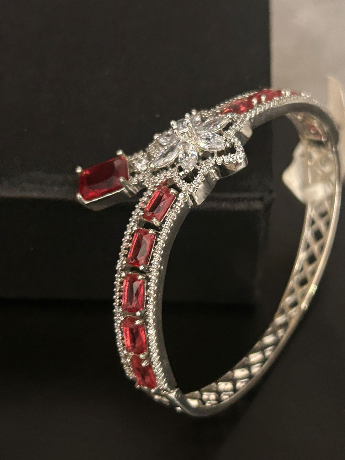 Ruby Red Stone Openable Bracelet with Floral CZ Design