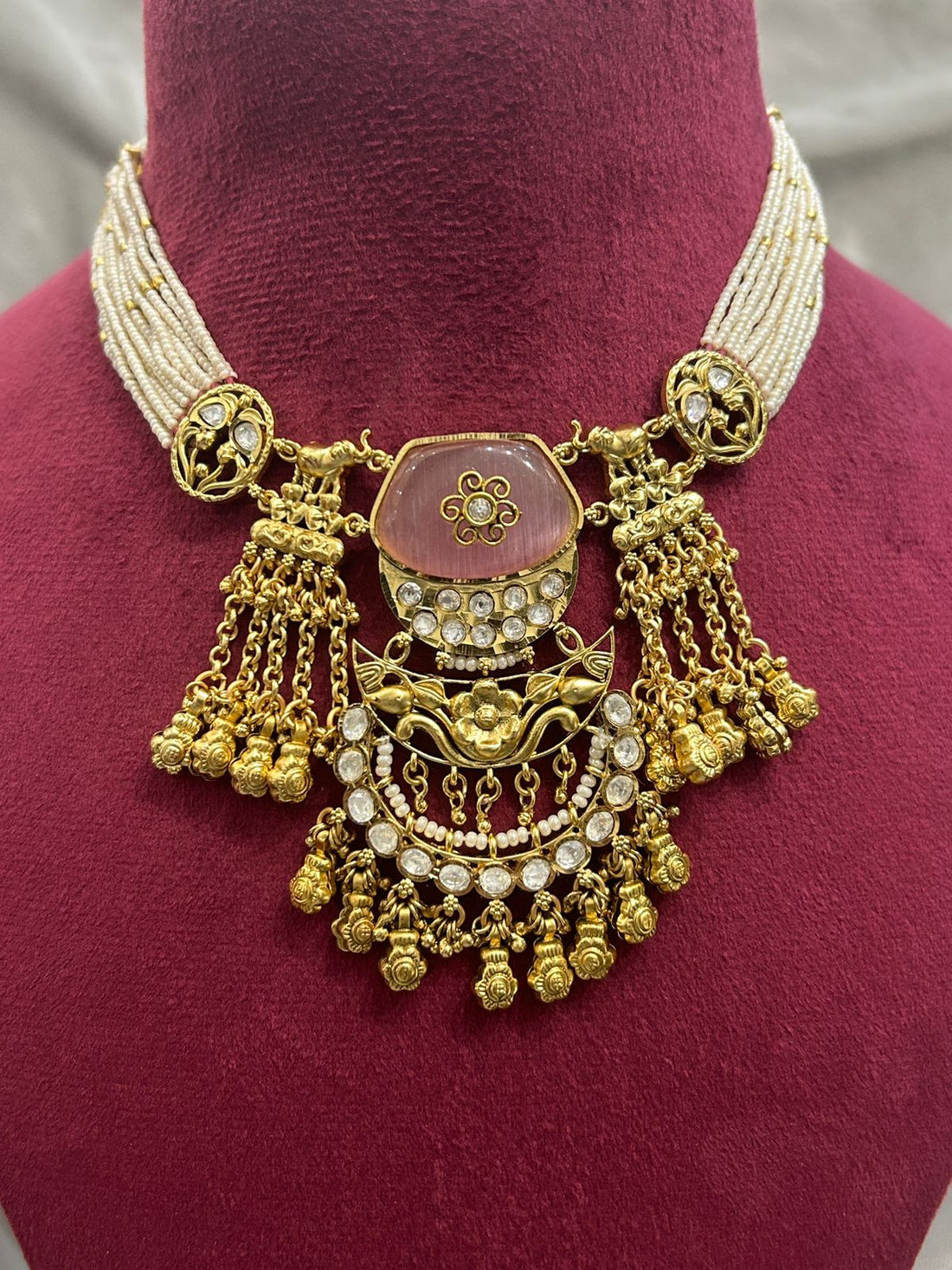 Antique Gold Plated Necklace Set with Pink Stone & Pearl Strings