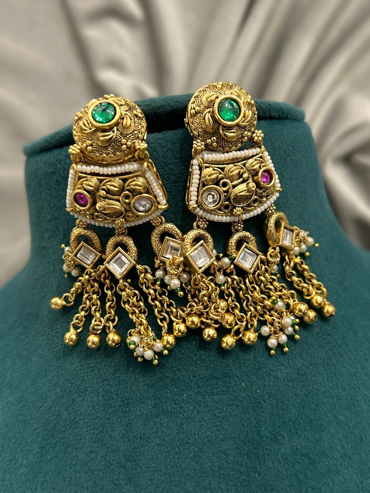 Antique Gold Peacock Necklace Set – Temple Design with Ruby, Emerald & Pearl Detailing
