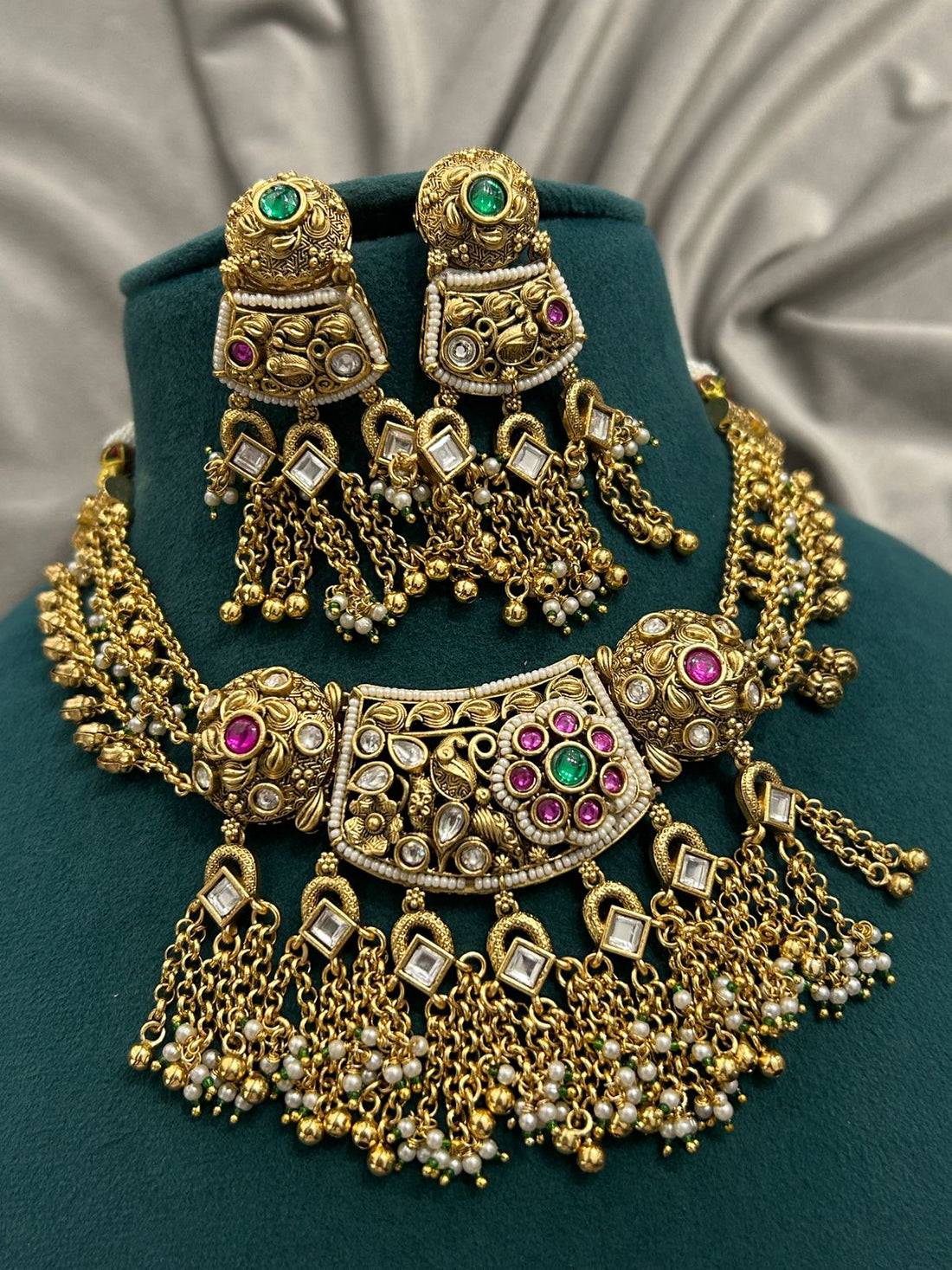 Antique Gold Peacock Necklace Set – Temple Design with Ruby, Emerald & Pearl Detailing