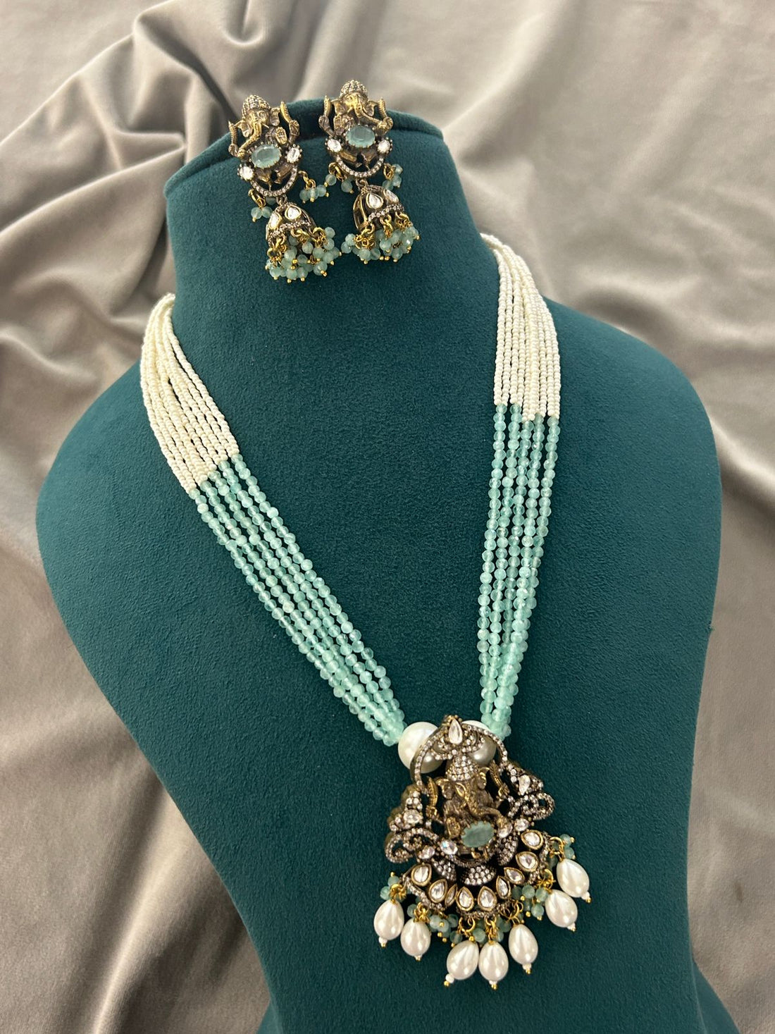 Mint Green Pearl Kundan Necklace Set