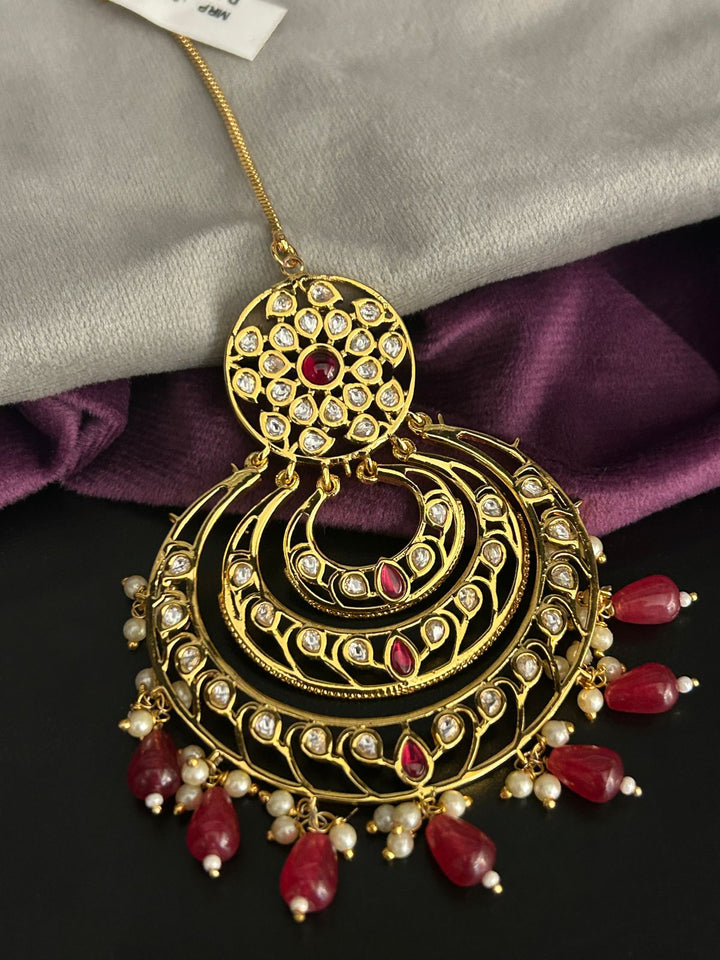 Royal Ruby Kundan Maang Tikka with Layered Crescent Design