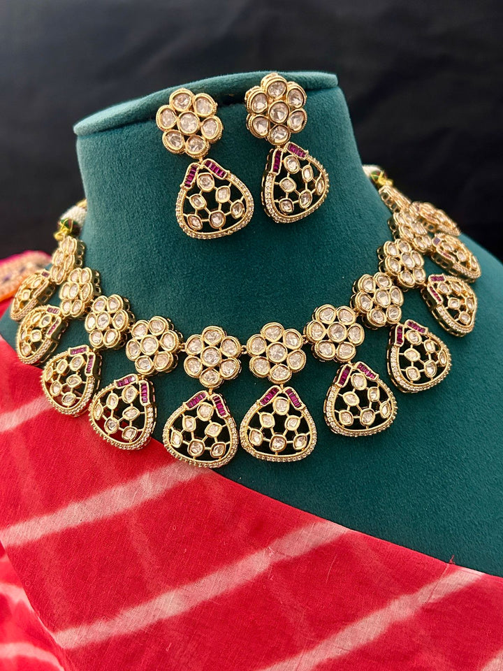 Floral Kundan Necklace Set with Earrings – Elegant Party & Bridal Wear