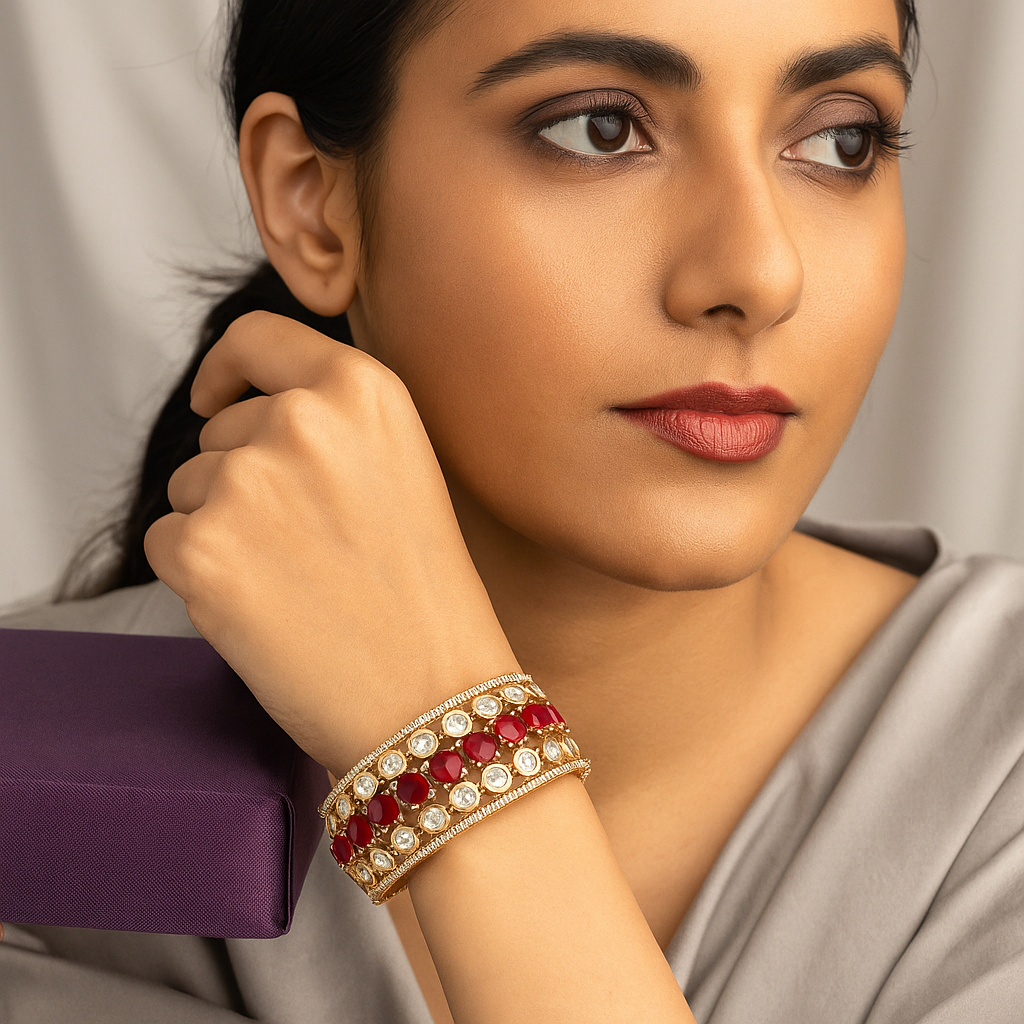 Ruby Radiance Openable Bangle with Diamond CZ Stones (Size 2.4 & 2.6)