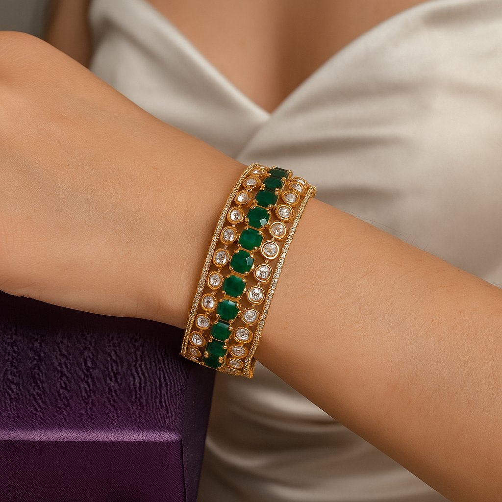 Emerald Elegance Openable Bangle with CZ Diamonds – Gold Finish (Size 2.4 & 2.6)