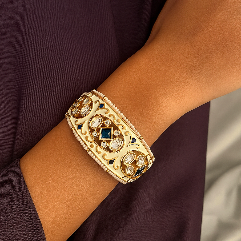 Ivory Enamel Openable Bangle with Blue & CZ Stones – Premium Gold Finish (Size 2.4 & 2.6)